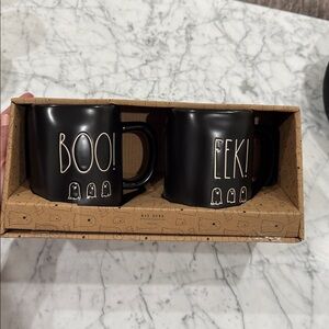 Rae Dunn 3 Little Ghosts BOO! and EEK! Matte Black Ceramic Halloween Mug Set